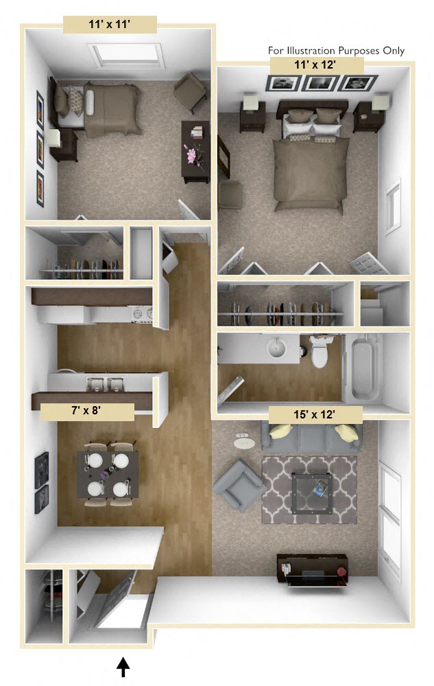 Floor plan for 2 beds, 1 bath, 795 sqft